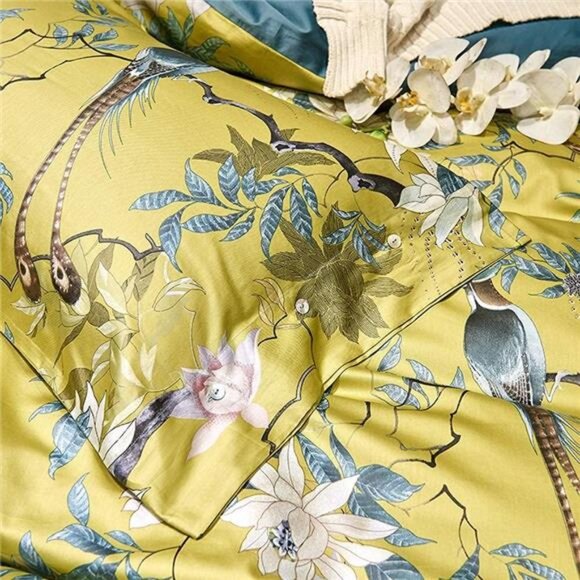 EXQUISITE 100% COTTON Queen Size Duvet Cover Chinoiserie Bird & Flower Print - Picture 6 of 7
